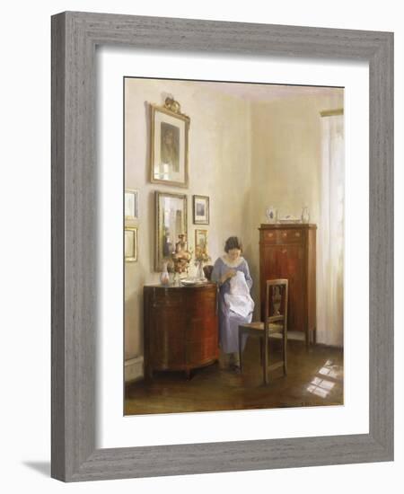 Interior with Lady Sewing, c.1910-Carl Holsoe-Framed Giclee Print