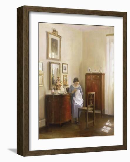 Interior with Lady Sewing, c.1910-Carl Holsoe-Framed Giclee Print