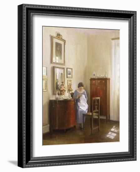 Interior with Lady Sewing, c.1910-Carl Holsoe-Framed Giclee Print