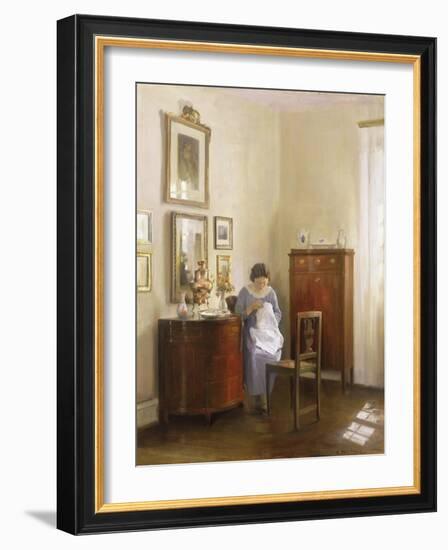 Interior with Lady Sewing, c.1910-Carl Holsoe-Framed Giclee Print