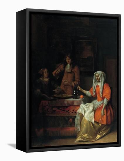 Interior with Two Women and a Man Drinking and Eating Oysters-Pieter de Hooch-Framed Premier Image Canvas