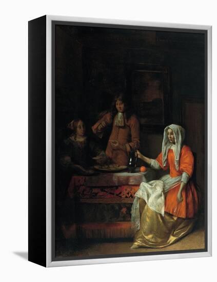 Interior with Two Women and a Man Drinking and Eating Oysters-Pieter de Hooch-Framed Premier Image Canvas