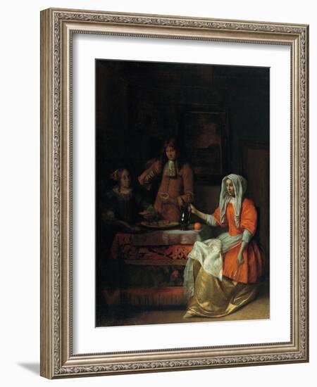 Interior with Two Women and a Man Drinking and Eating Oysters-Pieter de Hooch-Framed Giclee Print