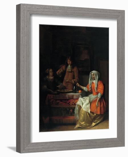 Interior with Two Women and a Man Drinking and Eating Oysters-Pieter de Hooch-Framed Giclee Print