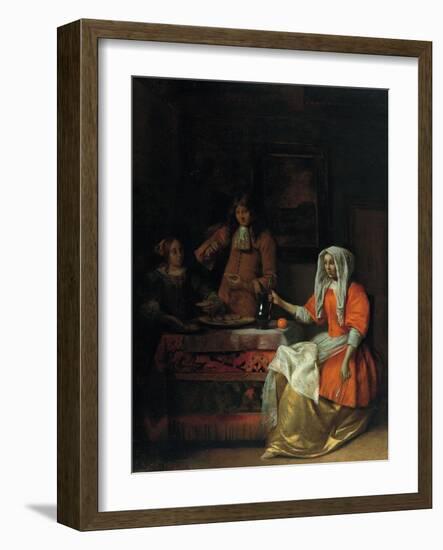 Interior with Two Women and a Man Drinking and Eating Oysters-Pieter de Hooch-Framed Giclee Print