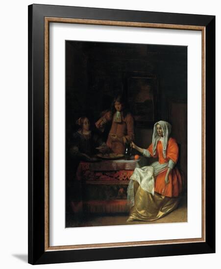 Interior with Two Women and a Man Drinking and Eating Oysters-Pieter de Hooch-Framed Giclee Print