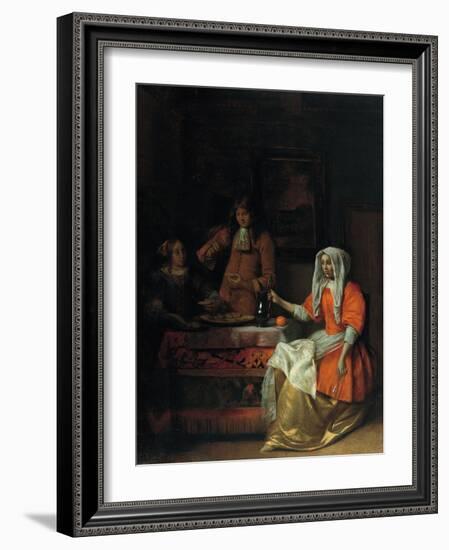 Interior with Two Women and a Man Drinking and Eating Oysters-Pieter de Hooch-Framed Giclee Print