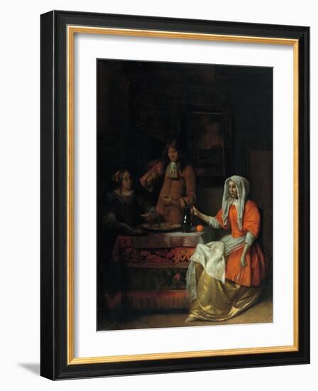 Interior with Two Women and a Man Drinking and Eating Oysters-Pieter de Hooch-Framed Giclee Print