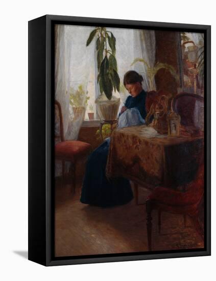 Interior with woman sewing-Harriet Backer-Framed Premier Image Canvas