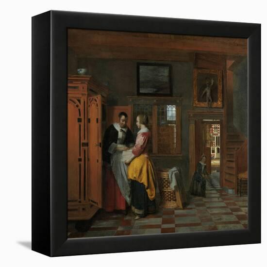Interior with Women Beside a Linen Cupboard-Pieter de Hooch-Framed Stretched Canvas