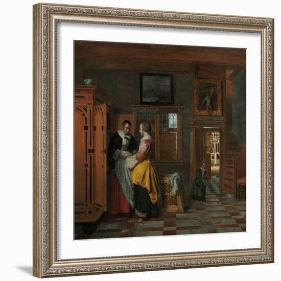 Interior with Women Beside a Linen Cupboard-Pieter de Hooch-Framed Art Print