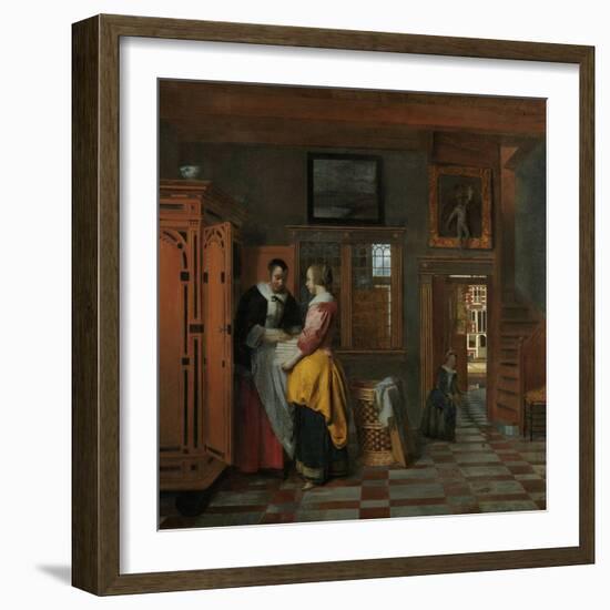 Interior with Women Beside a Linen Cupboard-Pieter de Hooch-Framed Art Print