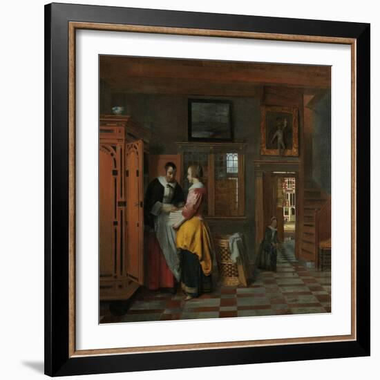 Interior with Women Beside a Linen Cupboard-Pieter de Hooch-Framed Art Print