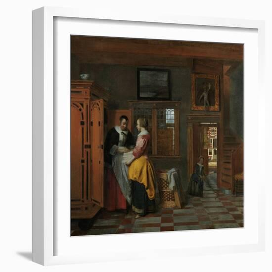 Interior with Women Beside a Linen Cupboard-Pieter de Hooch-Framed Art Print