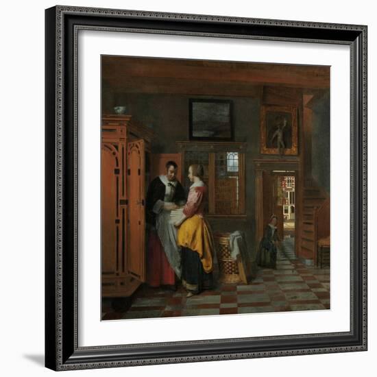 Interior with Women Beside a Linen Cupboard-Pieter de Hooch-Framed Art Print