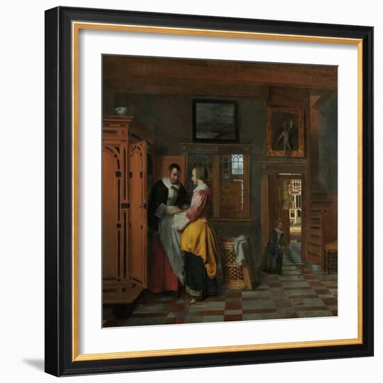 Interior with Women Beside a Linen Cupboard-Pieter de Hooch-Framed Art Print