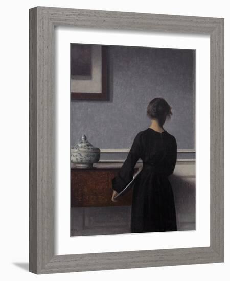 Interior with Young Woman from Behind-Vilhelm Hammershoi-Framed Giclee Print