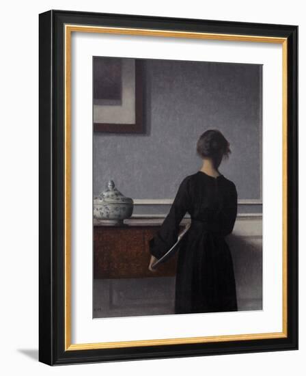 Interior with Young Woman from Behind-Vilhelm Hammershoi-Framed Giclee Print