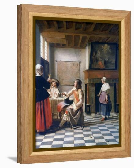 Interior, Woman Drinking with Two Men, and a Maidservant, C1658-Pieter de Hooch-Framed Premier Image Canvas