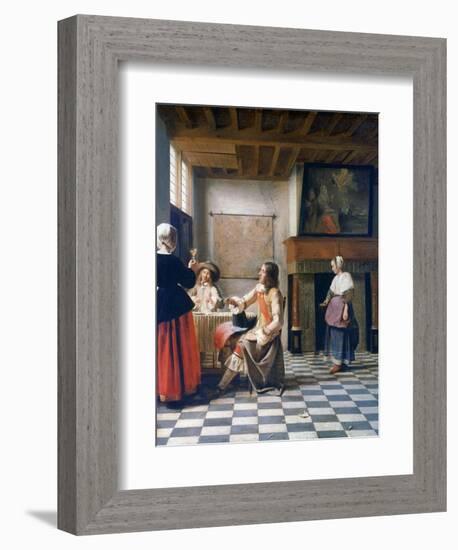 Interior, Woman Drinking with Two Men, and a Maidservant, C1658-Pieter de Hooch-Framed Giclee Print