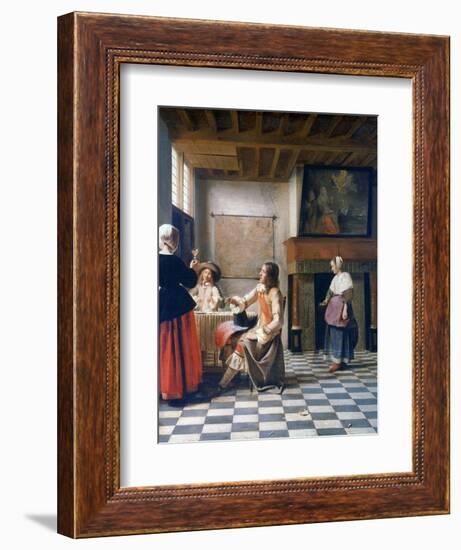 Interior, Woman Drinking with Two Men, and a Maidservant, C1658-Pieter de Hooch-Framed Giclee Print