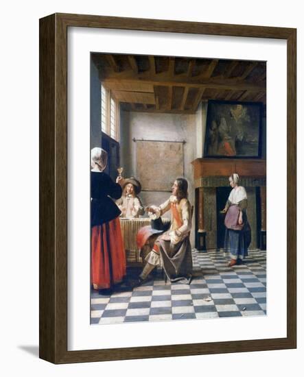 Interior, Woman Drinking with Two Men, and a Maidservant, C1658-Pieter de Hooch-Framed Giclee Print