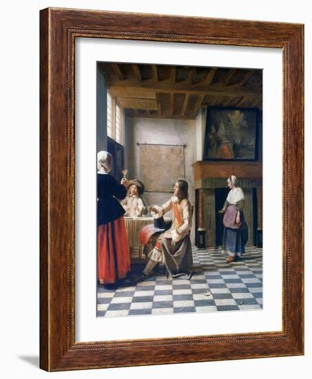 Interior, Woman Drinking with Two Men, and a Maidservant, C1658-Pieter de Hooch-Framed Giclee Print