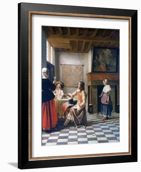 Interior, Woman Drinking with Two Men, and a Maidservant, C1658-Pieter de Hooch-Framed Giclee Print