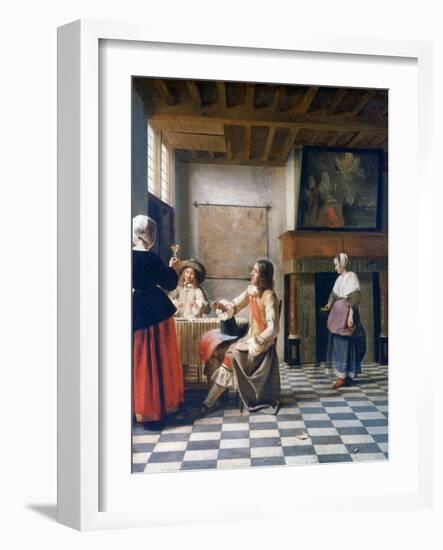 Interior, Woman Drinking with Two Men, and a Maidservant, C1658-Pieter de Hooch-Framed Giclee Print