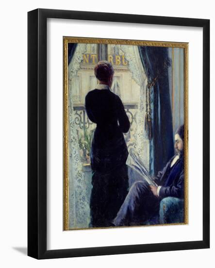 Interior, Woman in the Window (Woman behind the Window next to a Man Sitting Reading a Newspaper).-Gustave Caillebotte-Framed Giclee Print