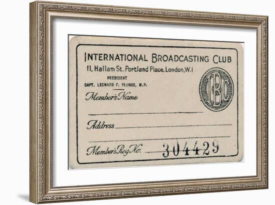 'International Broadcasting Club: Membership card', c1930s-Unknown-Framed Giclee Print