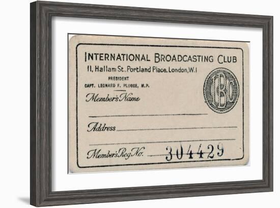 'International Broadcasting Club: Membership card', c1930s-Unknown-Framed Giclee Print