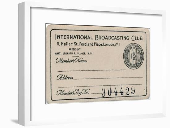 'International Broadcasting Club: Membership card', c1930s-Unknown-Framed Giclee Print