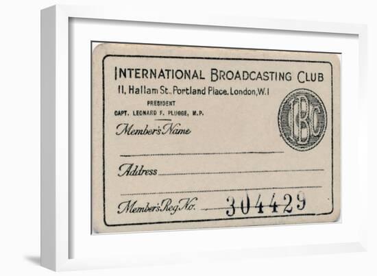 'International Broadcasting Club: Membership card', c1930s-Unknown-Framed Giclee Print