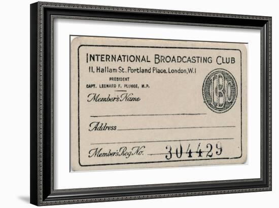 'International Broadcasting Club: Membership card', c1930s-Unknown-Framed Giclee Print