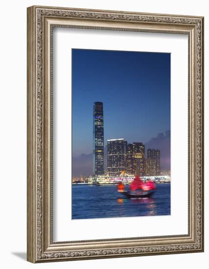 International Commerce Centre (Icc) and Junk Boat at Dusk, Hong Kong, China-Ian Trower-Framed Photographic Print