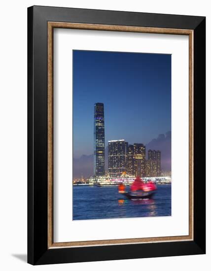 International Commerce Centre (Icc) and Junk Boat at Dusk, Hong Kong, China-Ian Trower-Framed Photographic Print