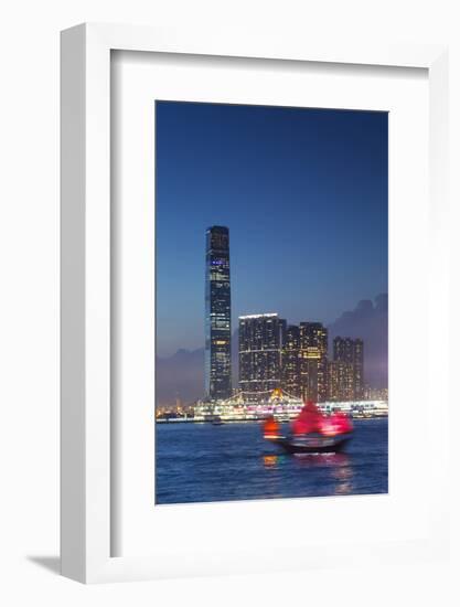 International Commerce Centre (Icc) and Junk Boat at Dusk, Hong Kong, China-Ian Trower-Framed Photographic Print