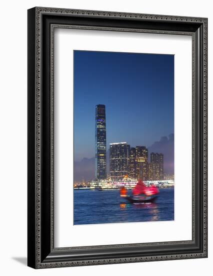 International Commerce Centre (Icc) and Junk Boat at Dusk, Hong Kong, China-Ian Trower-Framed Photographic Print