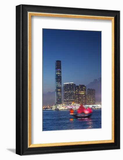 International Commerce Centre (Icc) and Junk Boat at Dusk, Hong Kong, China-Ian Trower-Framed Photographic Print