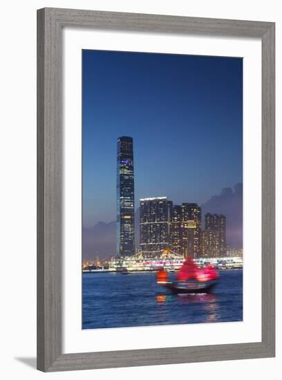 International Commerce Centre (Icc) and Junk Boat at Dusk, Hong Kong, China-Ian Trower-Framed Photographic Print