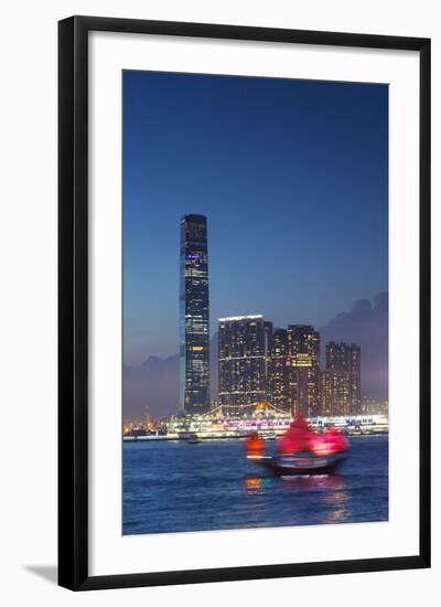 International Commerce Centre (Icc) and Junk Boat at Dusk, Hong Kong, China-Ian Trower-Framed Photographic Print