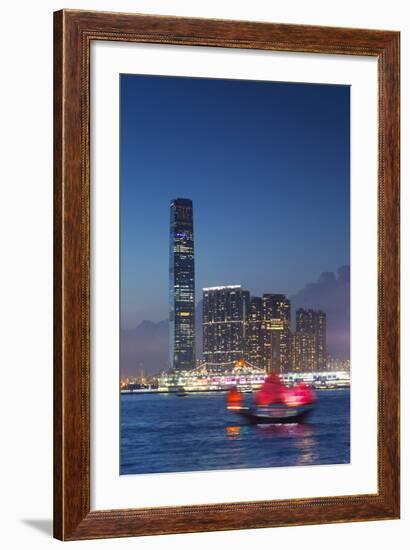 International Commerce Centre (Icc) and Junk Boat at Dusk, Hong Kong, China-Ian Trower-Framed Photographic Print