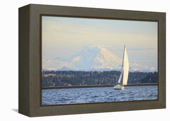 Interstate 90 Bridge with Mt. Rainier Looming Behind, Wa, USA-Stuart Westmorland-Framed Premier Image Canvas