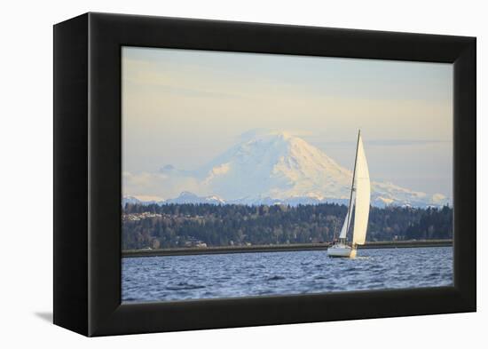 Interstate 90 Bridge with Mt. Rainier Looming Behind, Wa, USA-Stuart Westmorland-Framed Premier Image Canvas