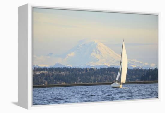 Interstate 90 Bridge with Mt. Rainier Looming Behind, Wa, USA-Stuart Westmorland-Framed Premier Image Canvas