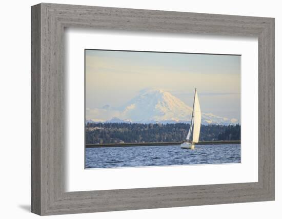 Interstate 90 Bridge with Mt. Rainier Looming Behind, Wa, USA-Stuart Westmorland-Framed Photographic Print