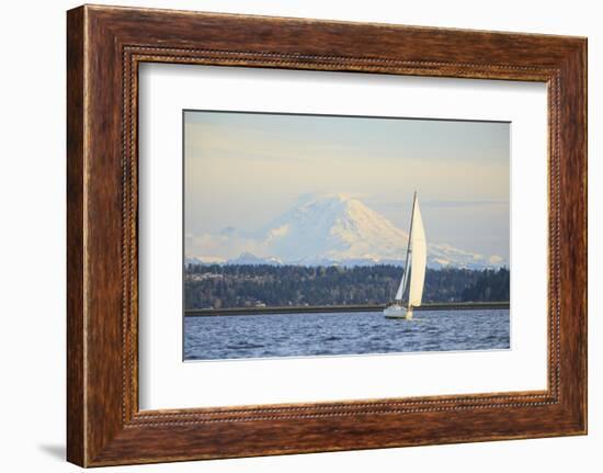 Interstate 90 Bridge with Mt. Rainier Looming Behind, Wa, USA-Stuart Westmorland-Framed Photographic Print