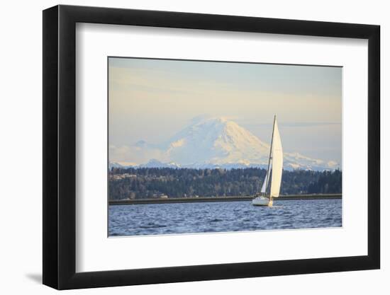 Interstate 90 Bridge with Mt. Rainier Looming Behind, Wa, USA-Stuart Westmorland-Framed Photographic Print