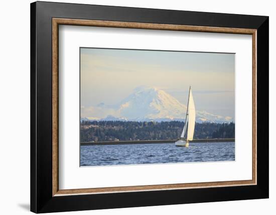 Interstate 90 Bridge with Mt. Rainier Looming Behind, Wa, USA-Stuart Westmorland-Framed Photographic Print